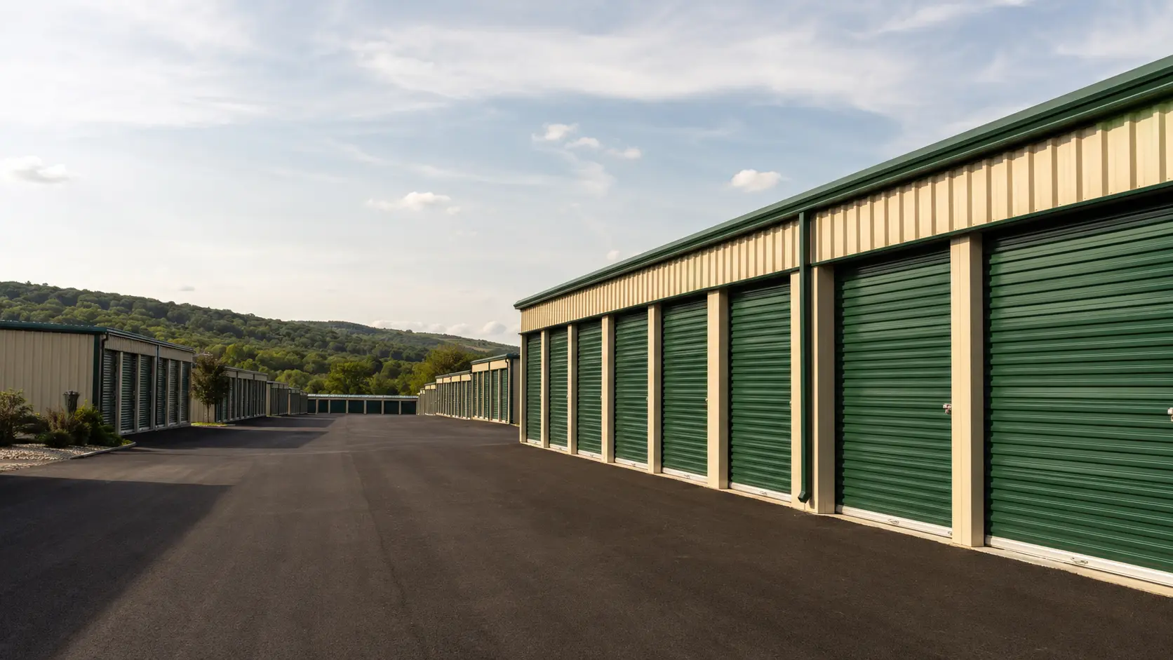 Clean Self Storage Station-style facility with green doors and Pennsylvania hills